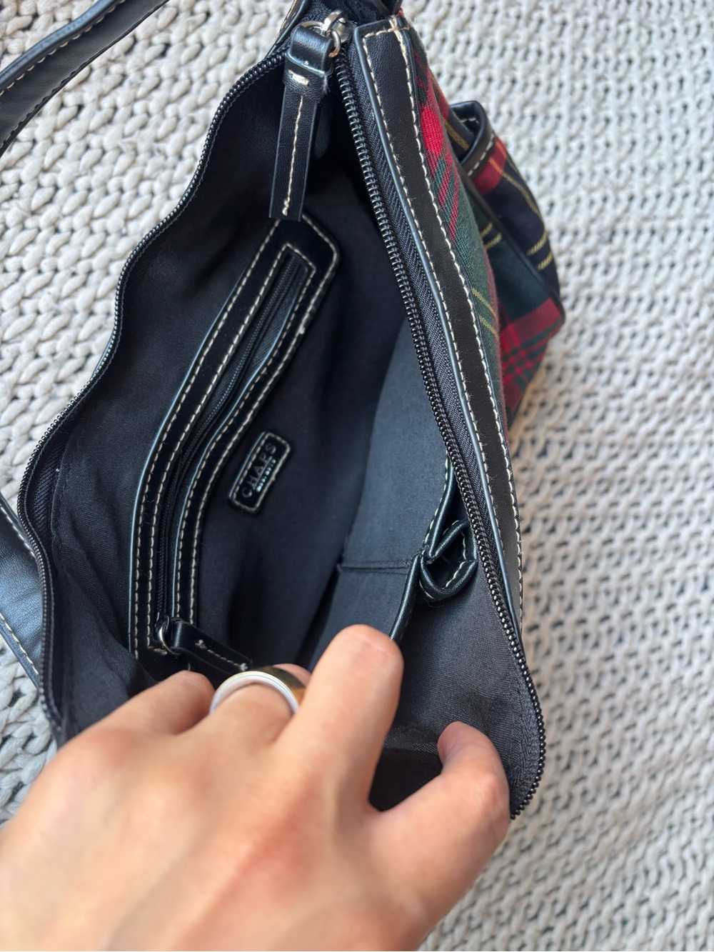 Chaps Red & Green Tartan Shoulder Bag with Black Trim - Picture 3 of 6